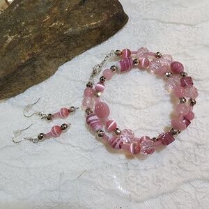 Pink Cat's Eye Beaded Bracelet and Earrings Set With Silver Toned Accents